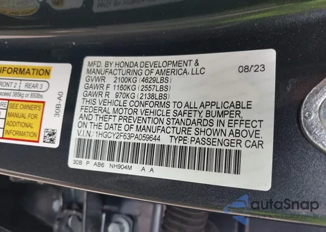 2023 Honda Accord Hybrid Ex-L from USA, damaged, VIN 1HGCY2F63PA059644